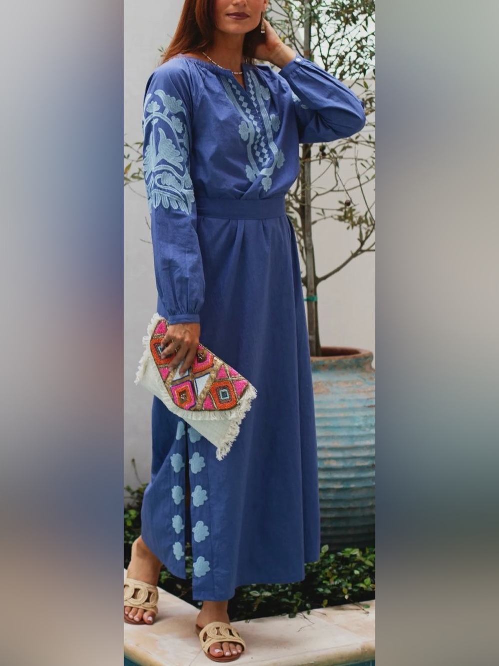 NWT Ex VOTO Embroidered Marlin Jules Caftan Blue Long-Sleeve Maxi Dress | XL